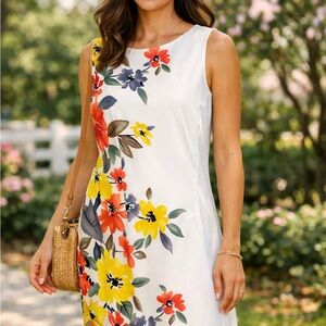 dressbarn White Sleeveless Midi Dress with Yellow & Red Floral Print